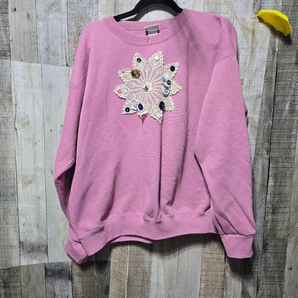 Pro Spirit Vintage 90s Doily Button Pink Sweatshirt XL Retro Granny Maximalist